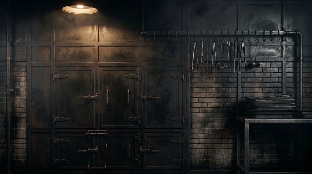 The smokehouse: black steel doors, brick, and tools hung on a rail.